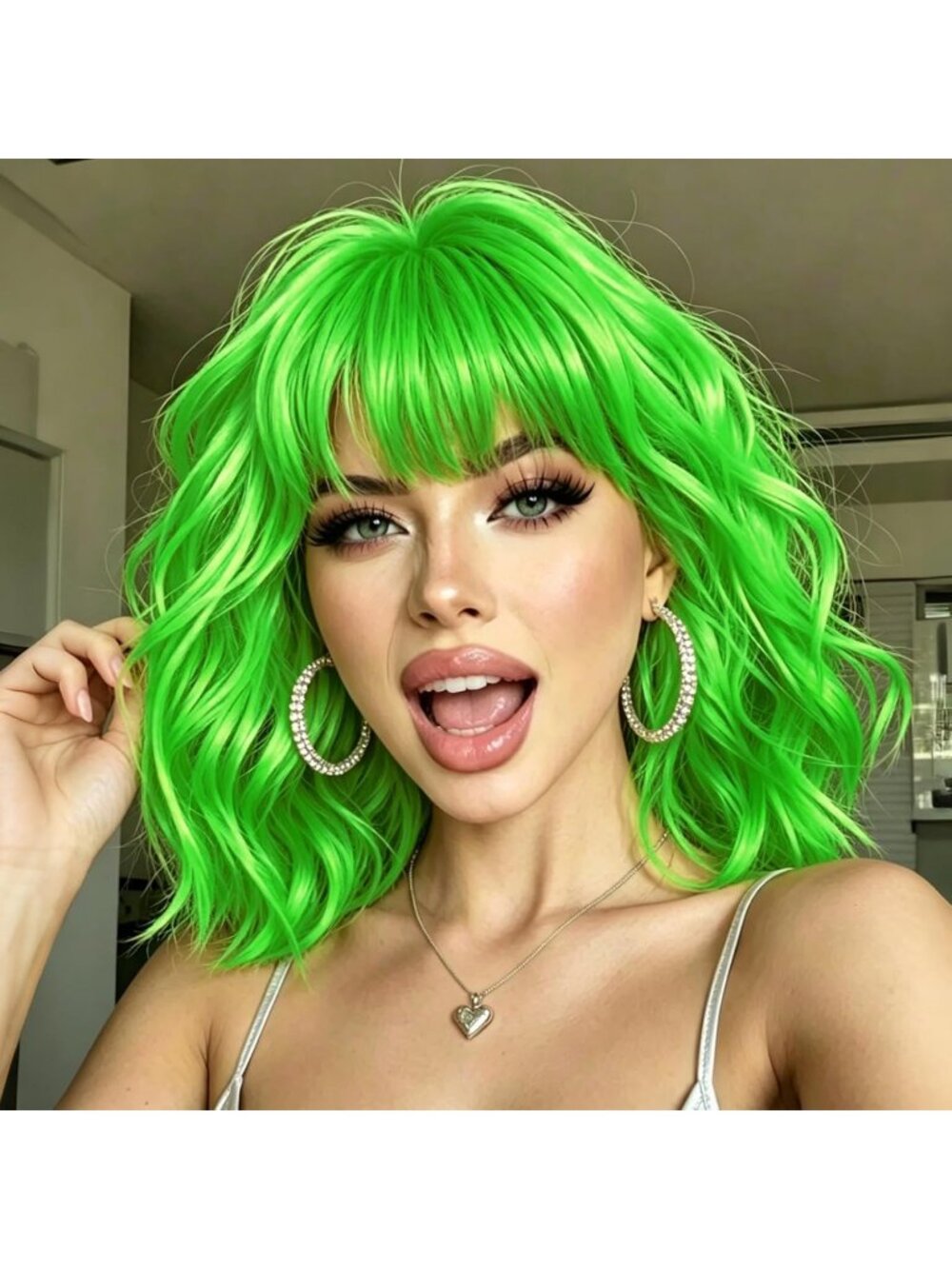 14Inch Women's Light Green Short Bob Shoulder Wavy Synthetic Wigs With Bangs